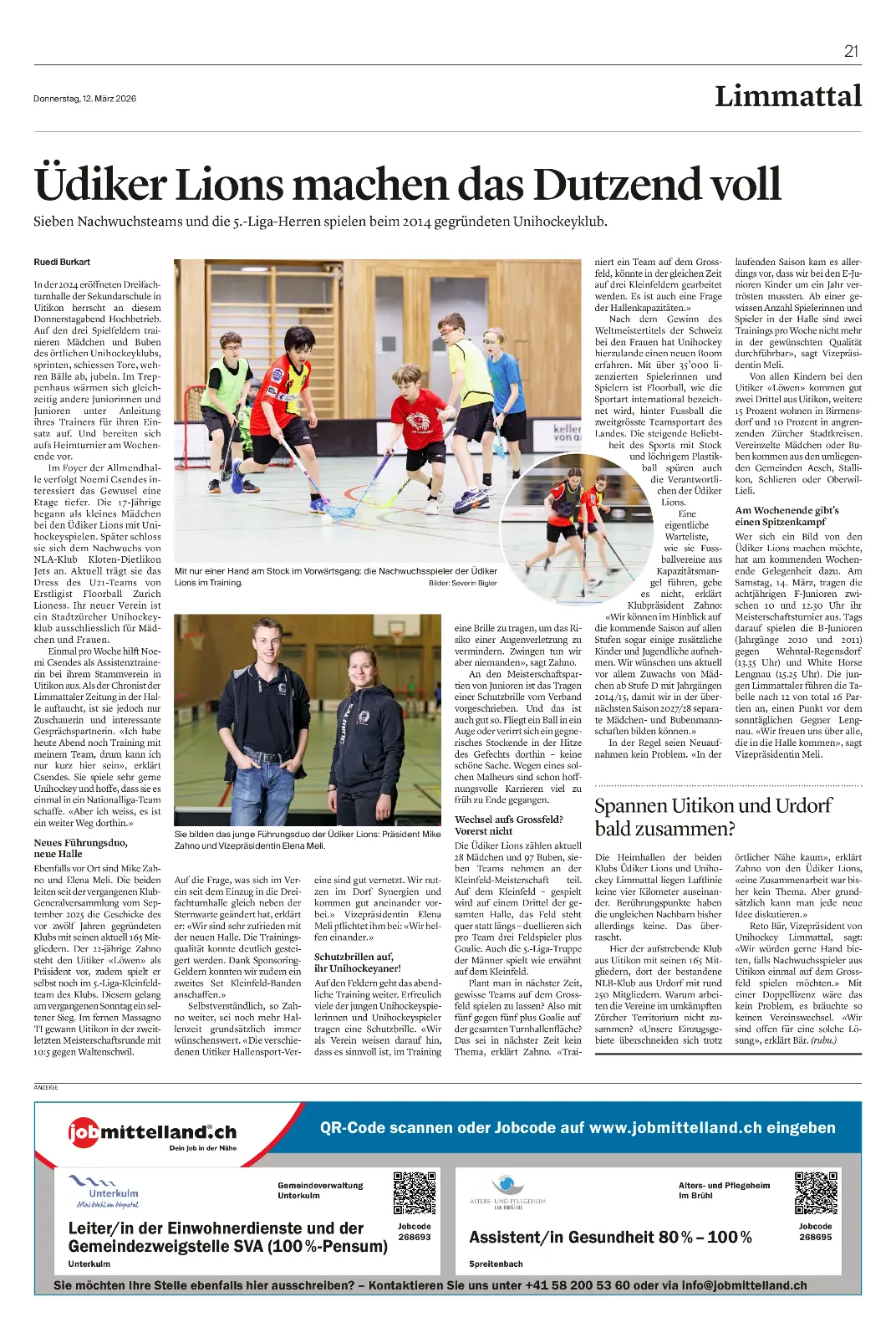 Porträt der Lions in der Limmattalerzeitung